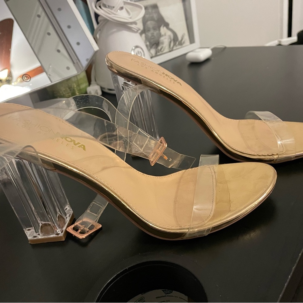 Fashionova Womens clear rose gold block heels 4 inch
